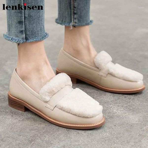 

lenkisen new cow leather lambswool slip on loafers shoes solid fashion keep warm round toe med heels daily wear women pumps l801, Black