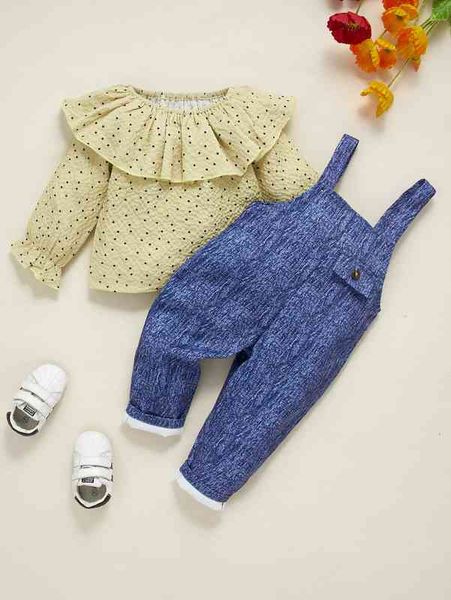 

baby polka dot flounce sleeve ruffle trim & overall jumpsuit she, White