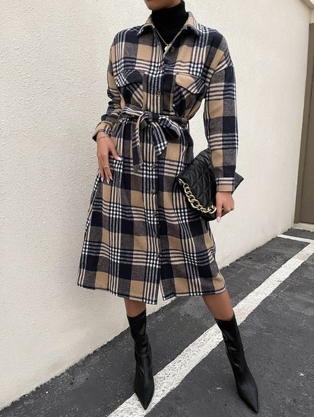 

plaid flap pocket drop shoulder belted longline blouse u6h9#, White