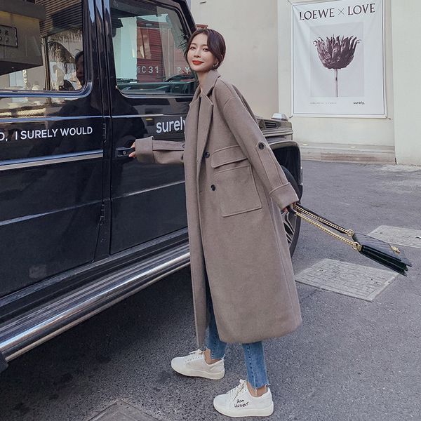 

fahshion purple long wool coat women 2020 autumn winter jackets new temperament over the knee woolen coat female overcoat xa3456 t200828, Black