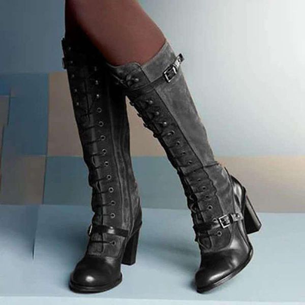 

boots women autumn winter handmade outdoor high heels shoes fashion long knight booties buckle lace-up design plus size 43, Black