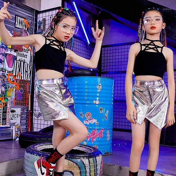

kids hip hop girls dance clothes jazz costume black crop fashion silver skirt children street modern stage costume bl44311, Black;red