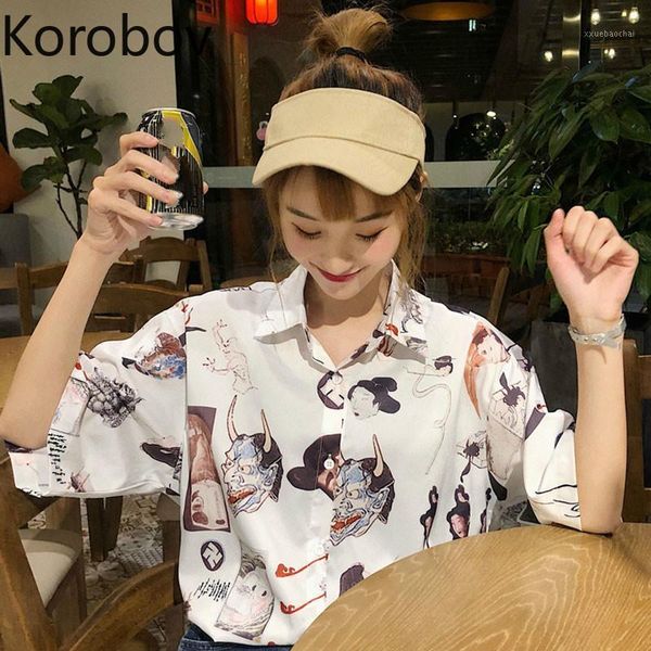 

korobov ulzzang women blouses vintage cartoon print korean female shirts short sleeve streetwear harajuku blusas mujer 779681, White