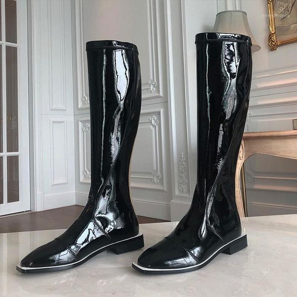 

flat heel white black patent leather knight boots knee high long boots slim fit elastic leather shoes women1