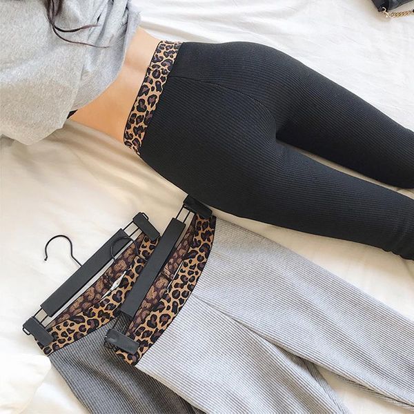 

fashion leopard patchwork leggings knit cotton lady street spring autumn elastic fitness slim pants plus size workout pants, Black