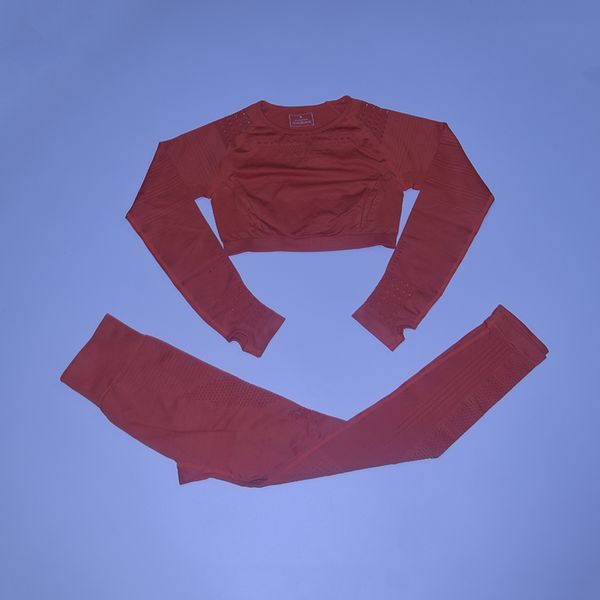 

flawless knit seamless yoga set women long sleeve fitness clothing sportswear gym leggings hollow out crop 2 pcs sport suit, Black;red