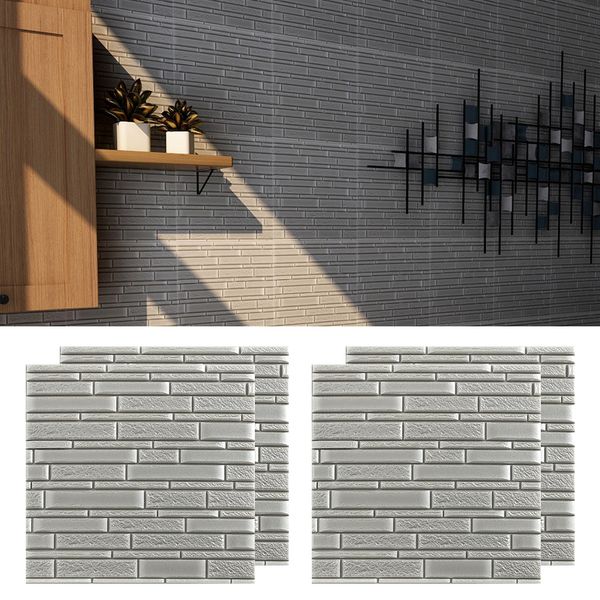 

4x self-adhesive 3d wall stickers brick wall paper pe foam panel silver