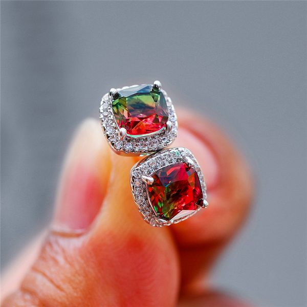 

charm female colorful rainbow stone earrings cute zircon wedding earrings simple silver color stud for women, Golden;silver