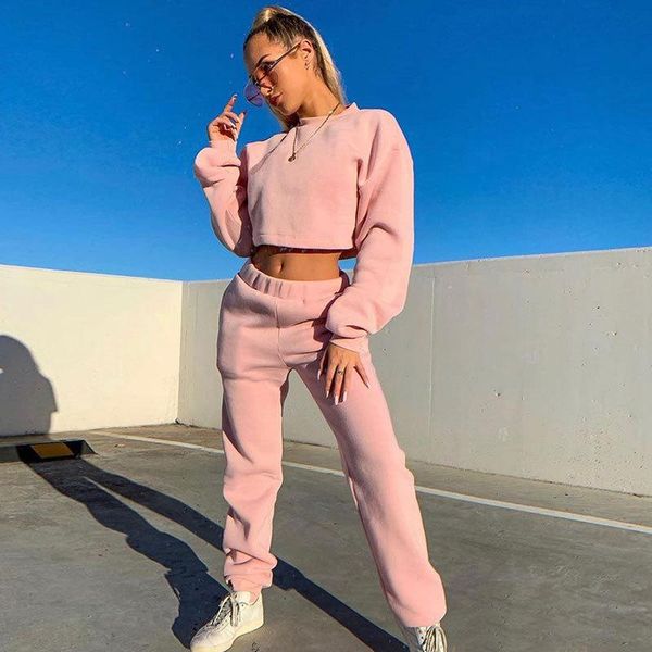 

fashion women sets cropped t-shirt pants long sleeve round collar elastic shirt sports slimming loose trousers steetwear, Gray