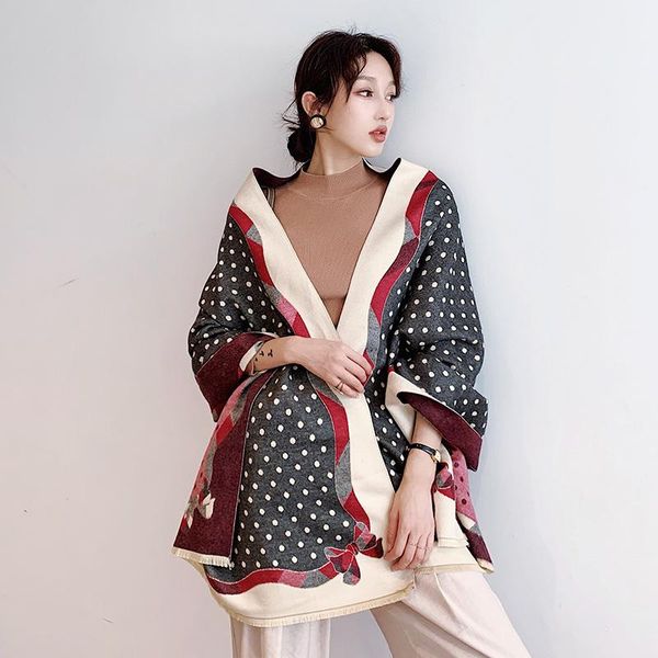 

women winter cashmere scarves bow dots print cape scarf autumn long scarf brand design keep warm female shawl thicker, Blue;gray