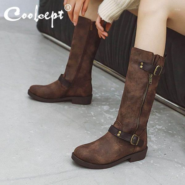 

boots coolcept pu leather ladies knight zipper flats retro classics work knee high shoes woman footwear size 34-431, Black