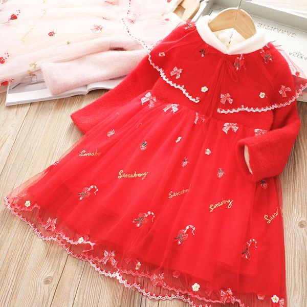

court 2020 girl's winter drs sle christmas sweet gauze plush embroidered princs skirt, Red;yellow