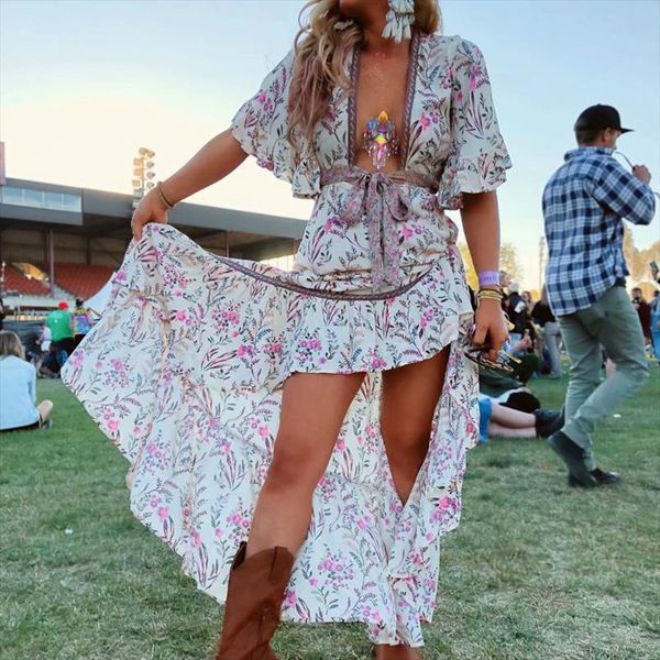 

boho chic women vestidos floral print short sleeve bow bohemian rayon cotton dresses ladies deep v neck patchwork boho dress, Black;gray
