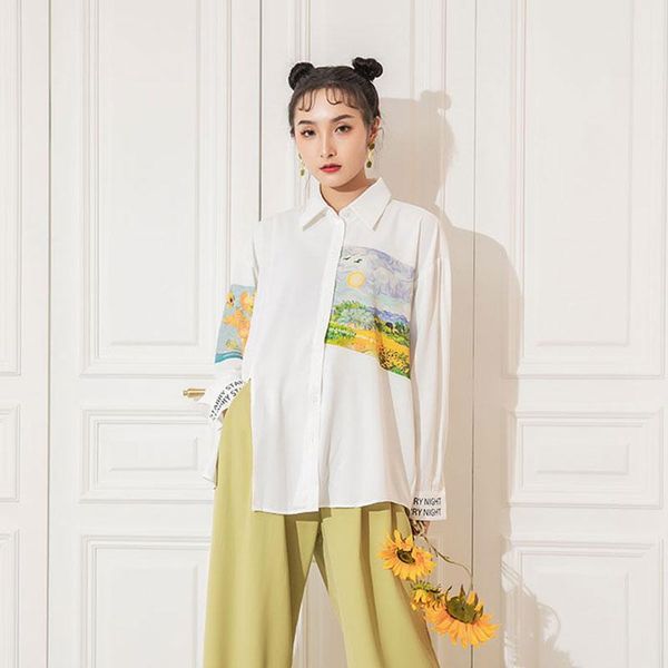 

shirts women 2021 new autumn retro oil painting printed french loose full blouse, White
