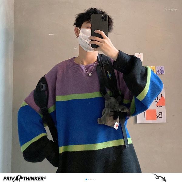 

2020 casual loose sweaters for men korean o neck oversized knitted harajuku striped man sweater 1, White;black