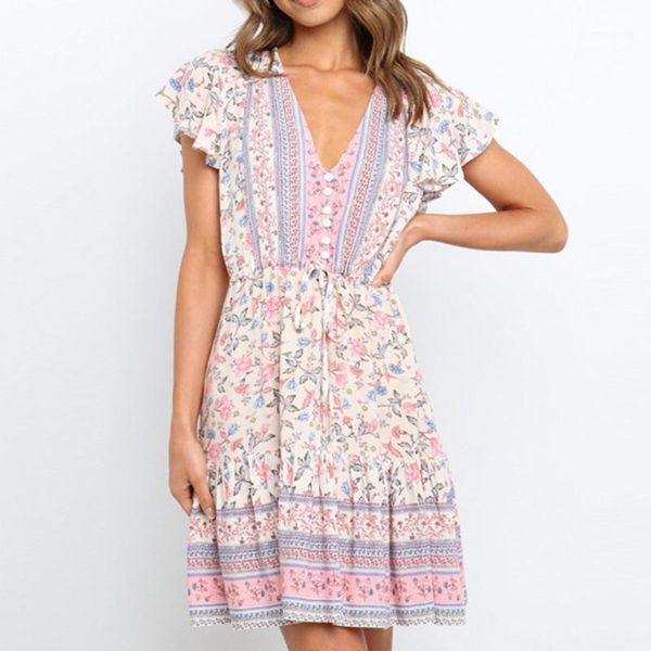 

bohemian ladies dresses spring summer the new fashion simple draw back thin sellers printing lotus sleeve v-neck1, White;black