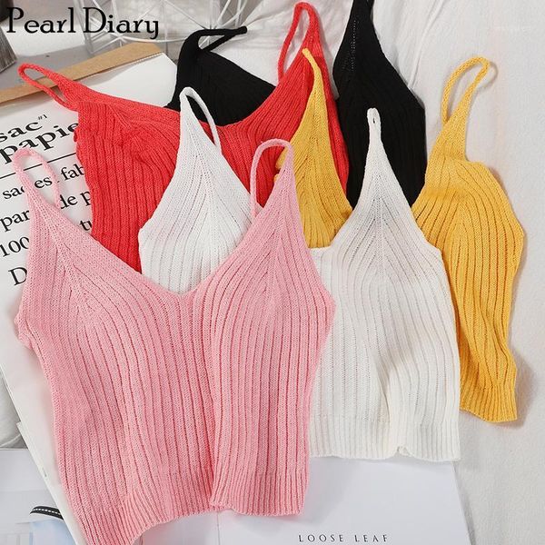 

pearl diary women knitted v neck sleeveless vest solid simple spaghetti strap crop plain casual tshirt women 1, White