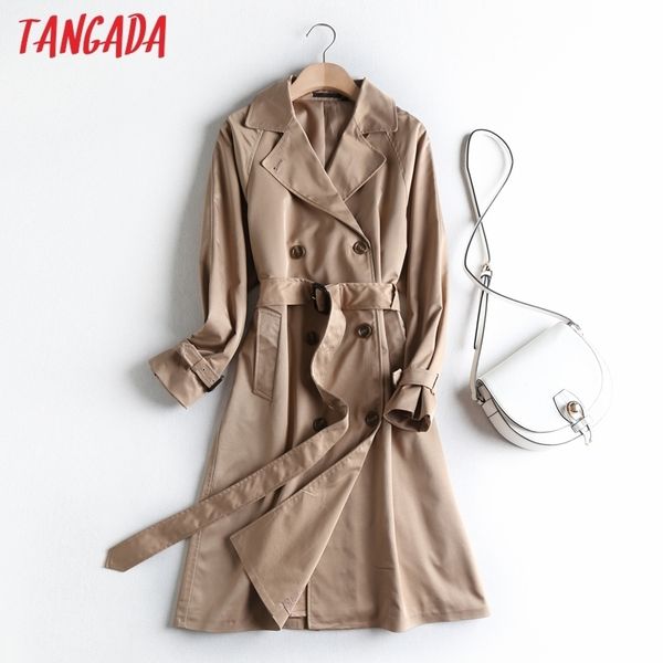 

tangada women solid classic white black long trench coat with belt autumn elegant female outwear windbreak 2e1 201030, Tan;black