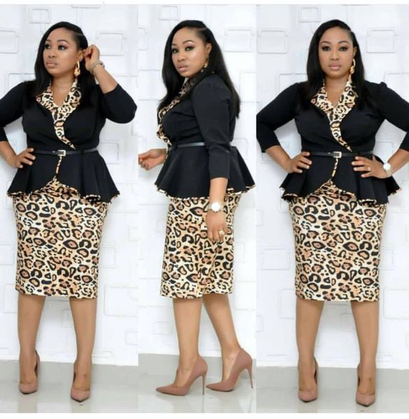 

plus size new turn-down collar half sleeve ruffled with leopard knee length skirt two piece set 42#, Gray