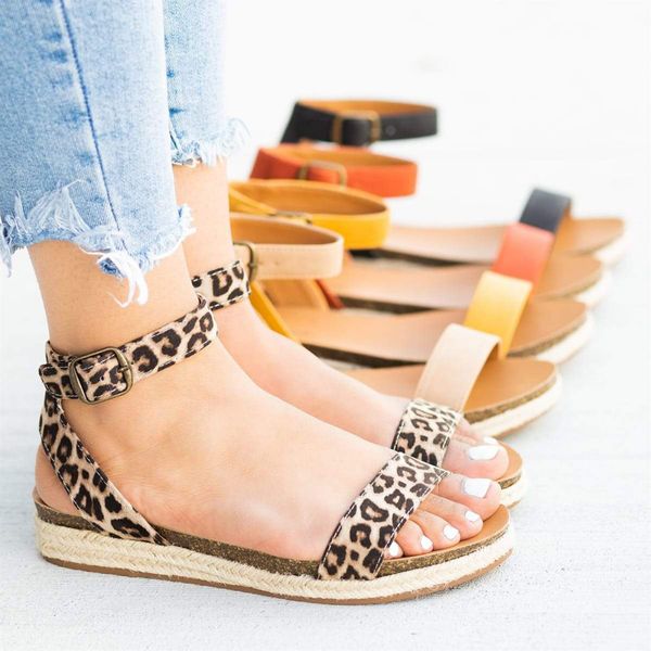 

leopard sandals women's shoes ladies strap ankle buckle flatform wedges woven sandals roman summer shoes sandalias mujer 2020 t200529, Black