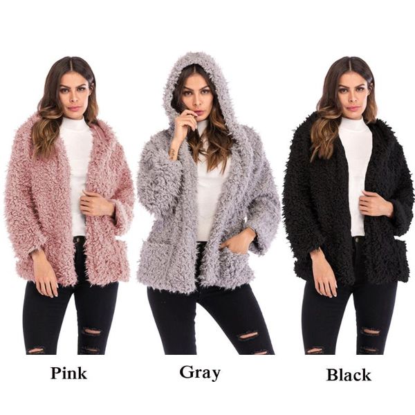 

wipalo winter wool hooded overcoat warm outerwear women elegant faux fur coat turn down collar long sleeve female streetwear, Black