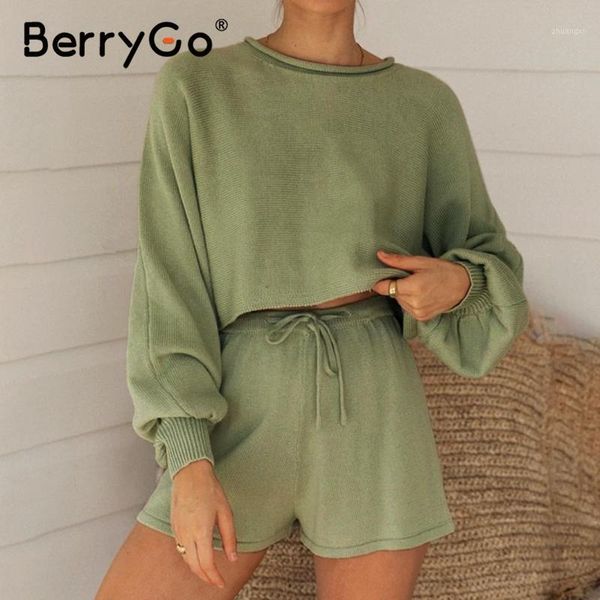

berrygo casual knitted summer women suit bubble long sleeve suit with shorts for women o neck loose sweater two piece set1, White