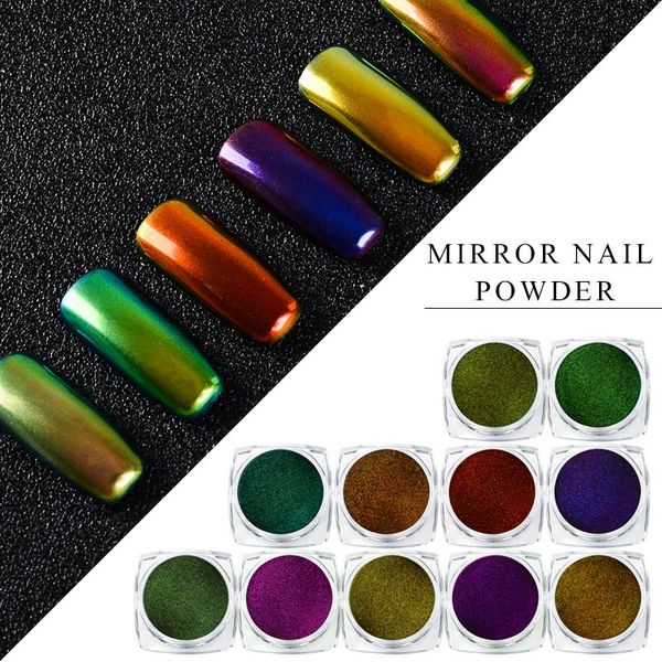 

nail glitter meet across 1box chameleon mirror glitters powder chrome pigment manicure art decorations black base color needed, Silver;gold