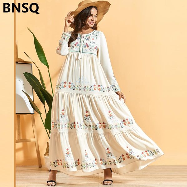 

9540 large women's white long dress sleeve embroidered pleated large hem bohemian dress fashion muslim robe cpb08, Black;gray