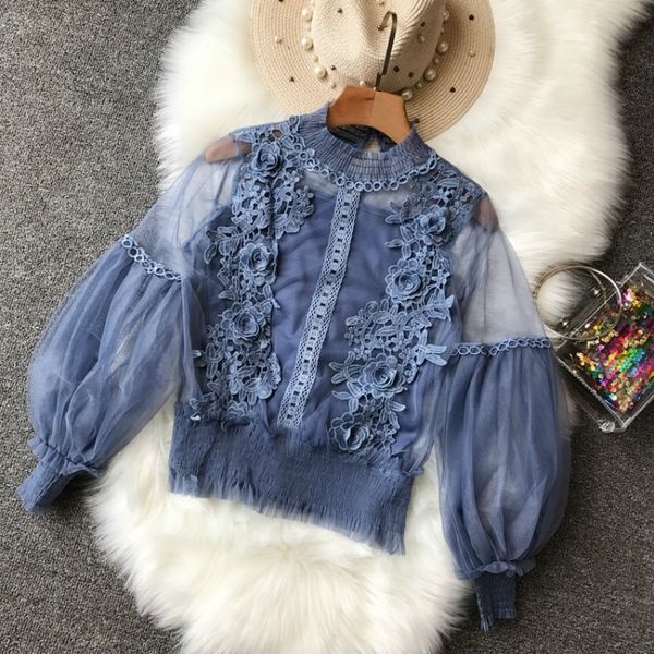 

women perspective gauze blouse shirt lantern sleeve lace crochet mesh blusas ruffle blouse with elastic cami ladies suits y200402, White