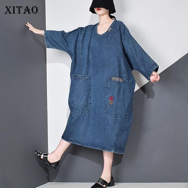 

xitao patchwork casual striped dress women 2020 autumn tide fashion new style o neck collar long batwing sleeve pocket gcc4039, Black;gray