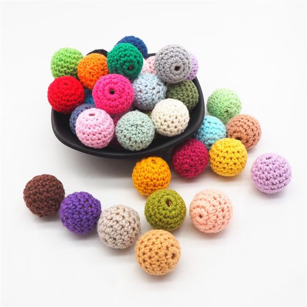 Chengkai 50 pcs 20mm rond tricot coton Crochet perles en bois boules pour bricolage décoration bébé anneau de dentition bijoux collier jouet T200323306U