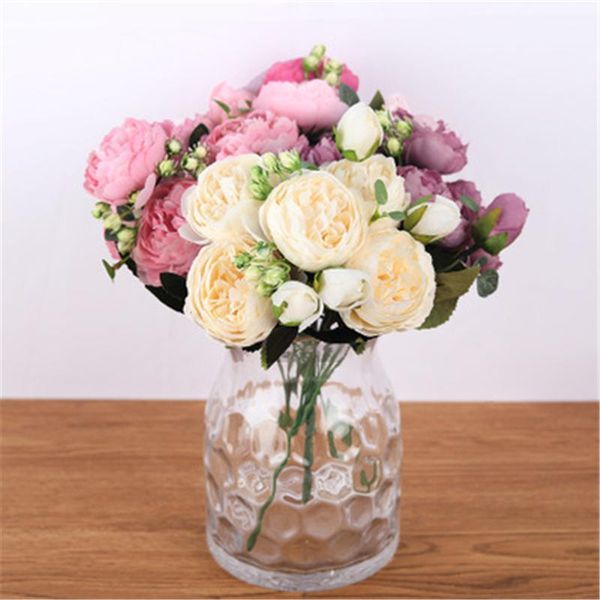 

decorative flowers & wreaths fake faux 30cm rose pink silk bouquet peony artificial 5 big heads 4 small bud bride wedding home decoration