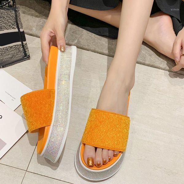 

slippers lucyever summer soft flock crystal shoes woman non slip thick bottom beach women 2021 flat heel platform sandals mujer1, Black