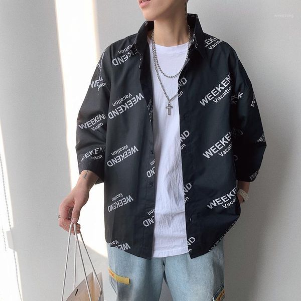 

yasuguoji new 2020 spring streetwear mens letter printed shirts casual loose plus size man shirts camisa masculina1, White;black