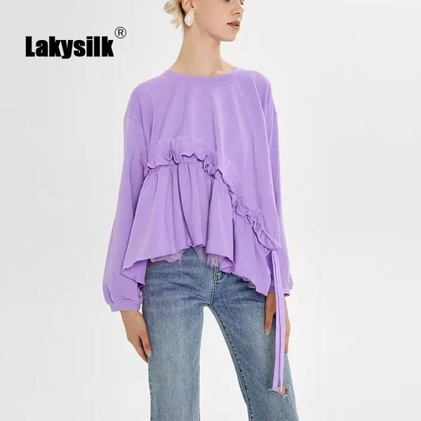 

women's hoodies & sweatshirts spring autumn sweatshirt women solid o-neck full sleeve ruffle splice lace up irregular pullovers casual, Black