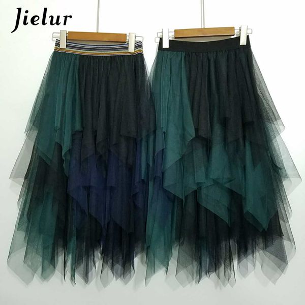 

jielur tulle skirt spell color elastic high waist skirts womens dance tutu skirts irregular skirt lolita petticoat midi rokken 1014, Black