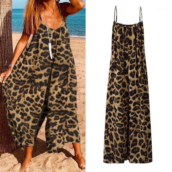 

womens jumpsuits 2020 vonda summer sleeveless vintage leopard printed bohemian overalls plus size retro playsuits femme1, Black;white