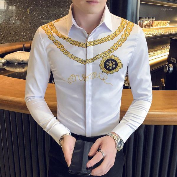 

club work men's formal wear shirt retro tuxedo shirt society luxury gold printing casual slim long sleeve men's1, White;black