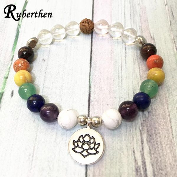

ruberthen 8 mm clear quart z bracelet natural 7 chakra rudraksha bead lotus bracelet yoga meditation practice, Black