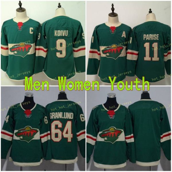 

2021 ladies kids minnesota wild hockey jersey 11 zach parise 9 mikko koivu 64 mikael granlund home green girls womens youth stitched shirts, Black;red
