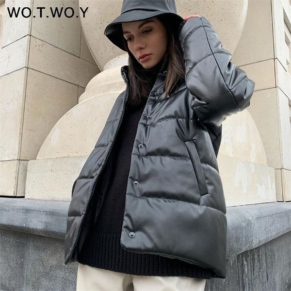 

wotwoy cotton liner winter leather jacket women casual thickening padded parkas womens loose warm black coats female windbreaker 201223