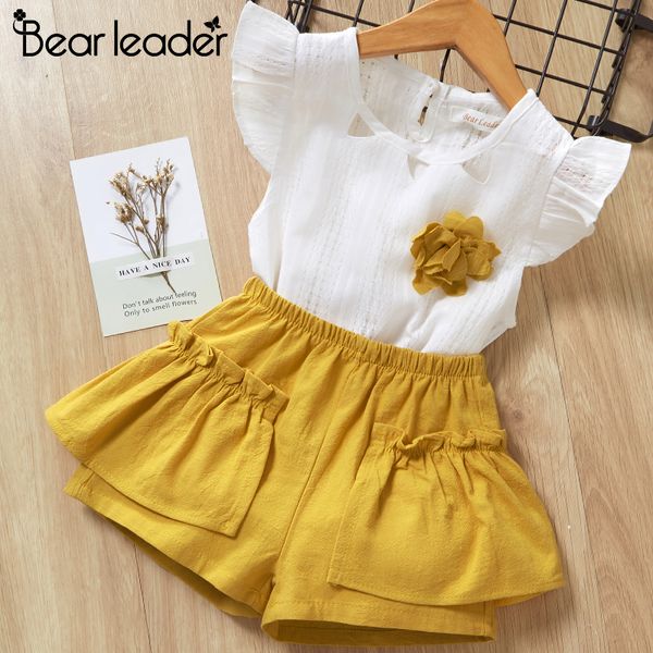 

bear leader girls dress 2020 new children clothing strap sling dress sets kids clothes pullover striped shirt+dress/denim set y200623, White