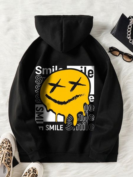 

letter & cartoon face print drawstring thermal lined hoodie l85u#, White;black