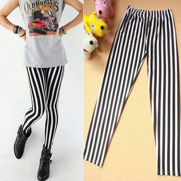 

2018 чистый хлопок женщин полосатые гетры леди мода тонкий рендер штаны прохладный sexy черный белый streak печати штаны хлопок один размер, Black