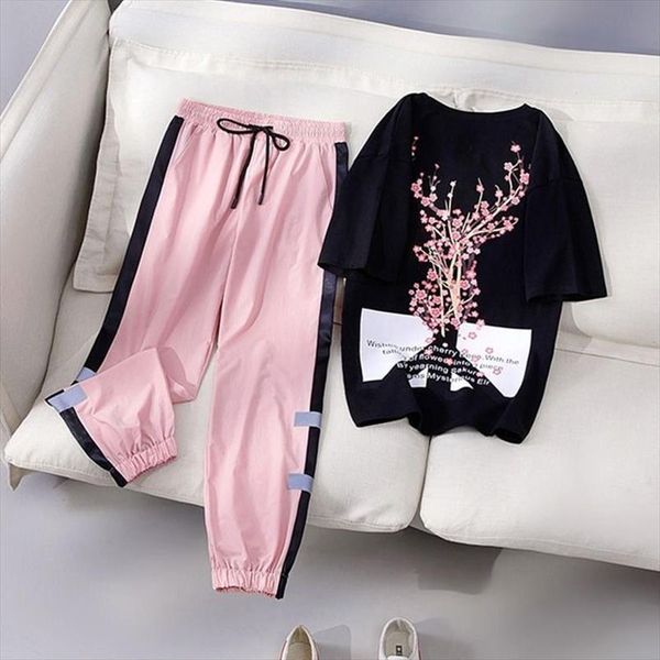 

two piece set women fashion sport casual suit flower letter print print elastic waist long pants summer tracksuit female t15, Gray