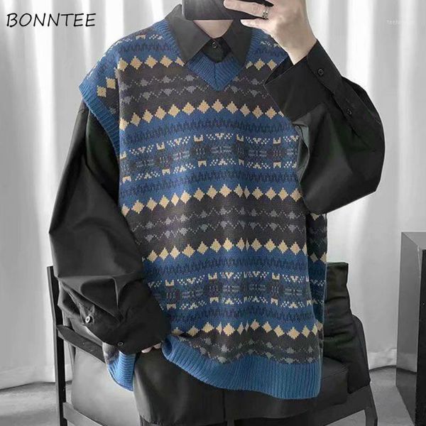 

sweater vets men printed v-neck leisure preppy style loose chic sleeveless mens waistcoat bf all-match ins outwear teens1 men's vests, Black;white