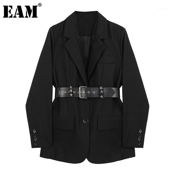 

eam] women black temperament rivets belt big size blazer new lapel long sleeve jacket fashion spring autumn 2021 1da7511, White;black