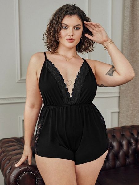 

plus lace trimed backless sleep romper k7pl#, Black;white