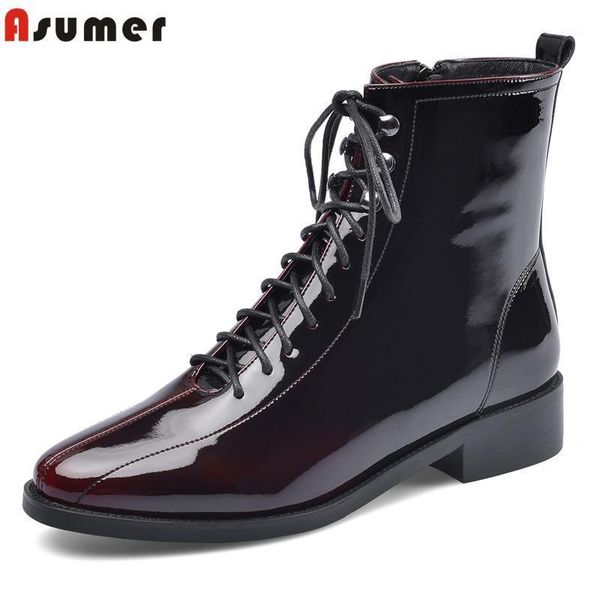 

boots asumer 2021 full nature genuine leather women dress shoes lace up gradient color spring autumn ankle for women1, Black