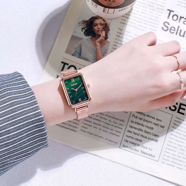 

girl net belt watch girl student friend ins temperament small fashion korean rectangular quartz watch girl, Slivery;brown